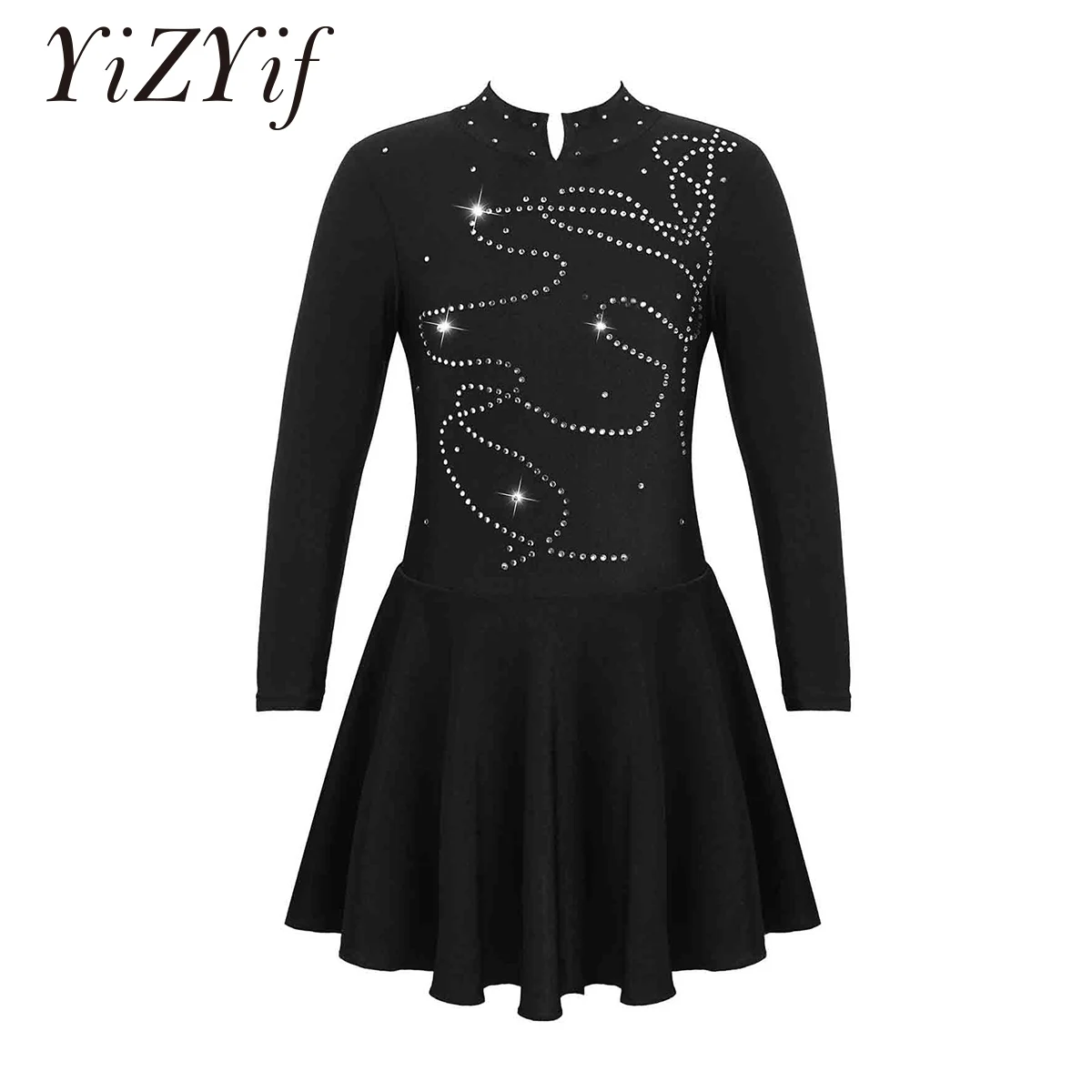 

Kids Girls Figure Ice Skating Dress Rhinestone Ballet Leotard Dance Dress Long Sleeve Hollow Back Ballroom Performance Dancewear