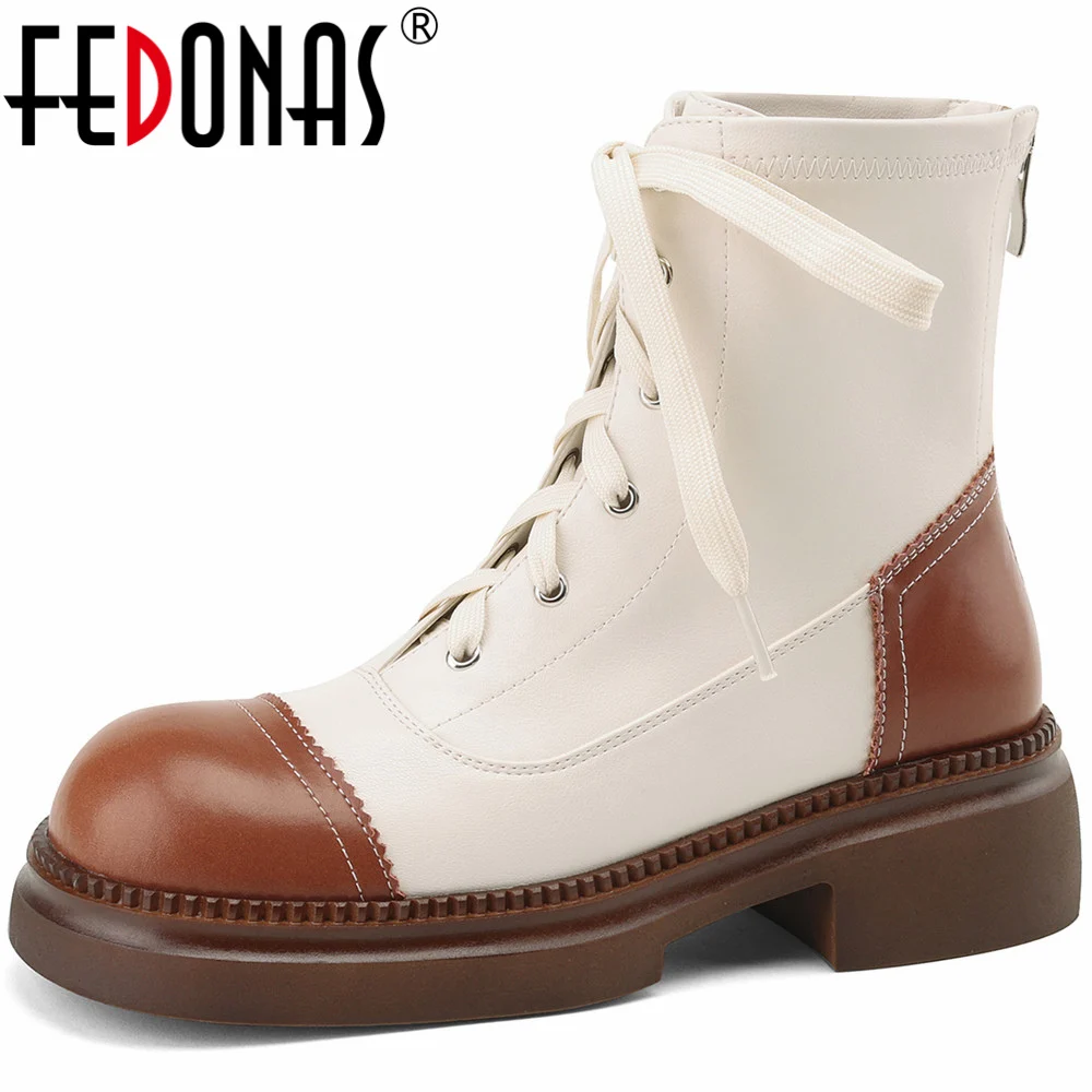 

FEDONAS Leisure Mixed Colors Women Ankle Boots Splicing Genuine Leather Shoes Woman Back Zipper Casual Outdoor Autumn Winter New