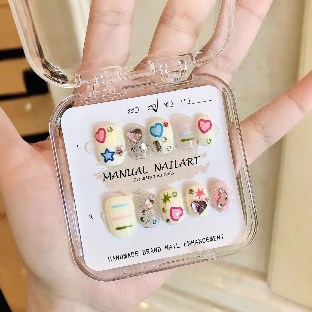 10pcs 수제 반짝이 거짓 손톱 3D 라인 석 디자인과 짧은 사각형 거짓 손톱 파..