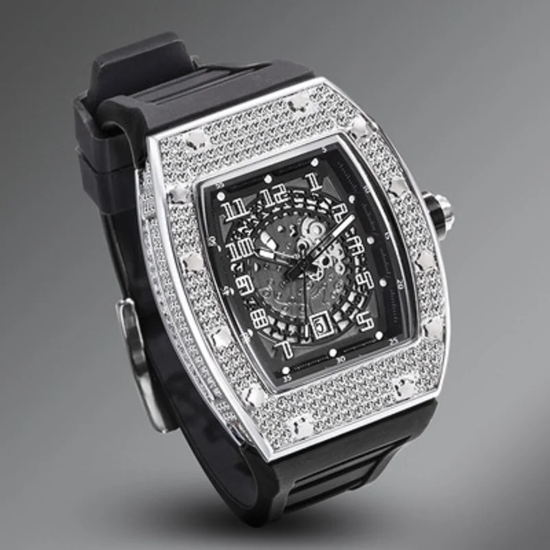 MISSFOX Sports Men's Quartz Watches Fashion Iced Out Cool Black Watch Man Hip Hop Diamond Tonneau WristWatch Reloj Free Shipping