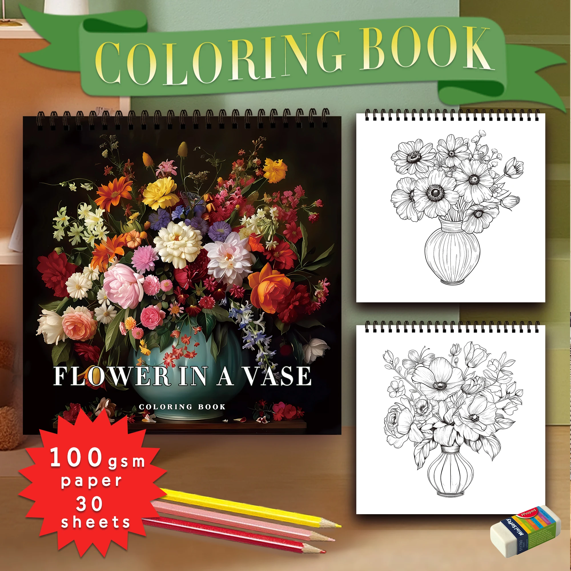 Colorful Spiral Bound Coloring Book - 30 Sheets of Thick Premium Paper for Stress Relief and Creative Gift Giving