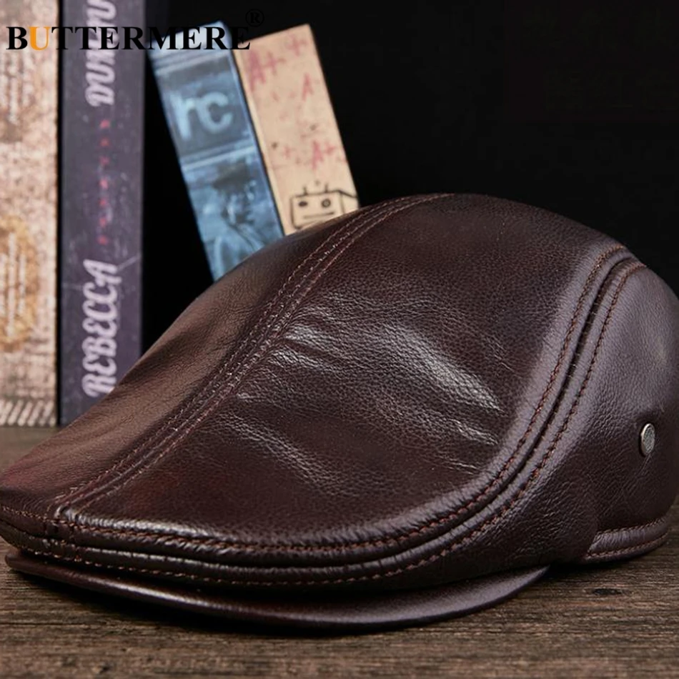 BUTTERMERE Flat Caps Men Real Leather Duckbill Hats Berets Earflaps Black Casual Directors Cap Male Vintage Winter Driving Caps 3