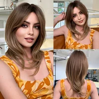 EASIHAIR Brown Layered Medium Length Synthetic Wigs with Long Bangs Natural Short Hair Wig for Women Daily Party Heat Resistant 1
