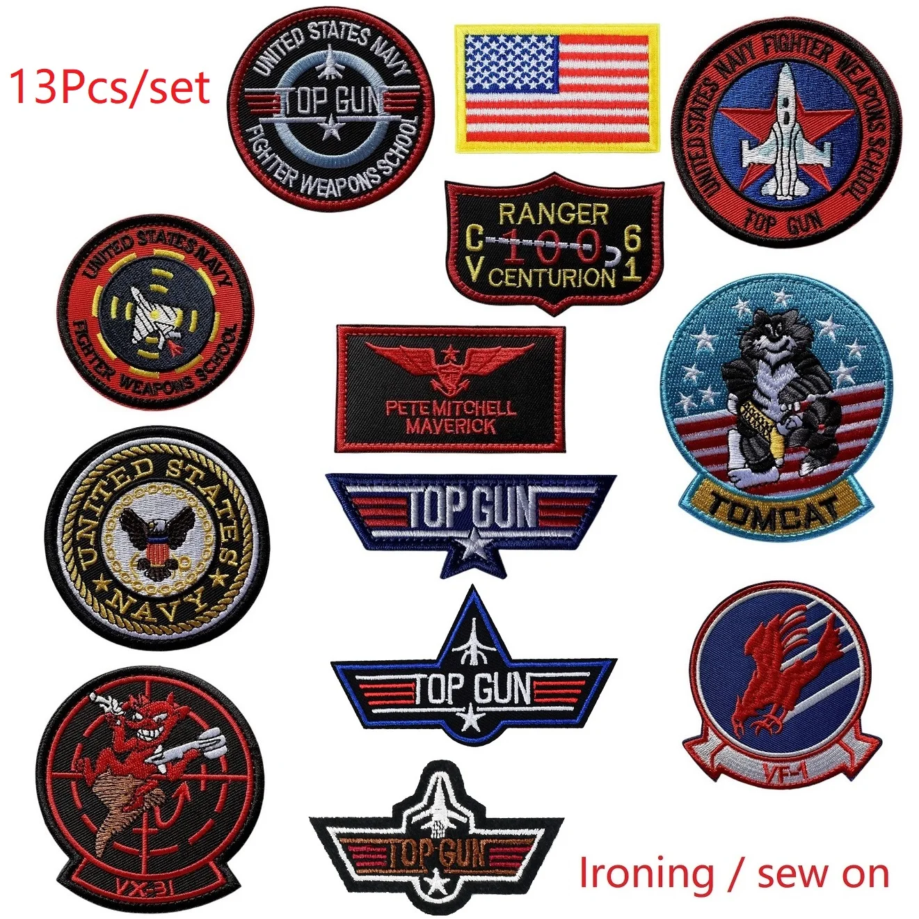 

13Pcs Top Gun Tomcat Chapter American Navy Air VF-1 Pilot Armband ironing Embroidery Patch for sew on Clothes Badge Sticker