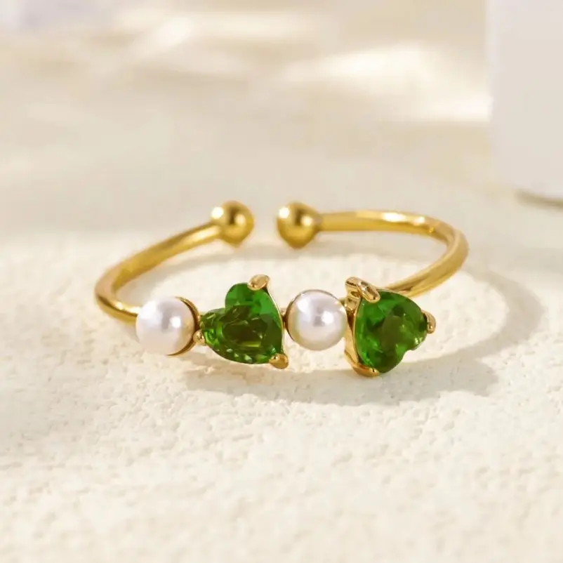 Green Zircon Double Heart Pearl Rings For Women
