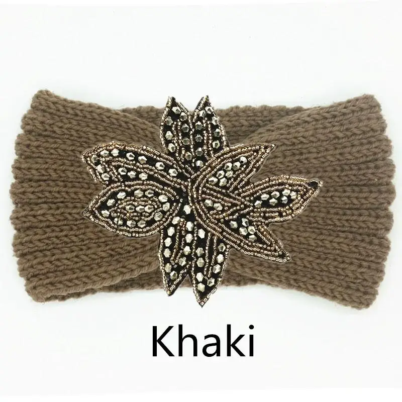 Kristall Perlen Blume Stricken Stirnband Für Frauen Winter Wolle Ohr Wärmer Haarband Turban Headwrap Haar Zubehör Bandeau – Detail 7