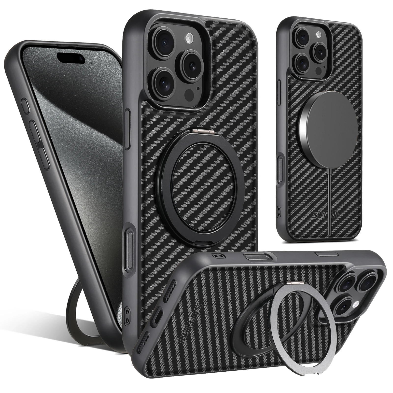 Magnetic 360° Rotating Ring Stand PU Leather Phone Case with MagSafe Wireless Charging Compatibility