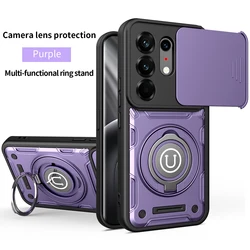 Enhanced Shockproof Armor Case with Slide Camera Lens Protection and Metal Ring Holder for Camon 50 Ultra 5G (Purple)