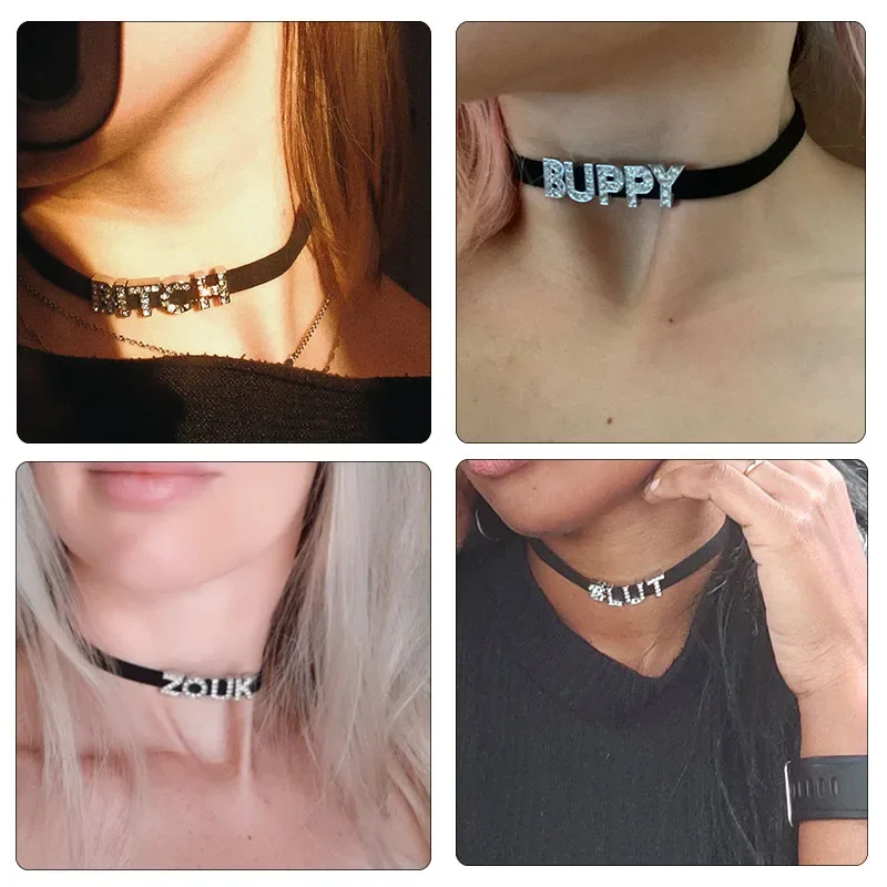 Rhinestone Letter Sexy HOT WIFE Necklace for Women Bad Words Custom Choker Fashion Korean Leather Collar Cosplay Jewelry Gift