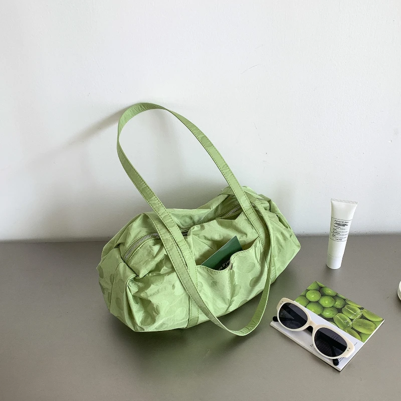 Nuova Borsa a Spalla Plissettata a Pois Stile Coreano, Leggera in Tela, Grande Capacità, Casual e alla Moda