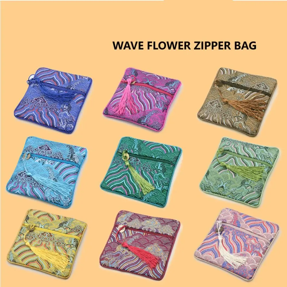 

Coin Purse Silk Jewelry Organizer Chinese Style Sea Wave Pattern Jewelry Storage Bag Embroidery Blessing Bag Brocade Pouch