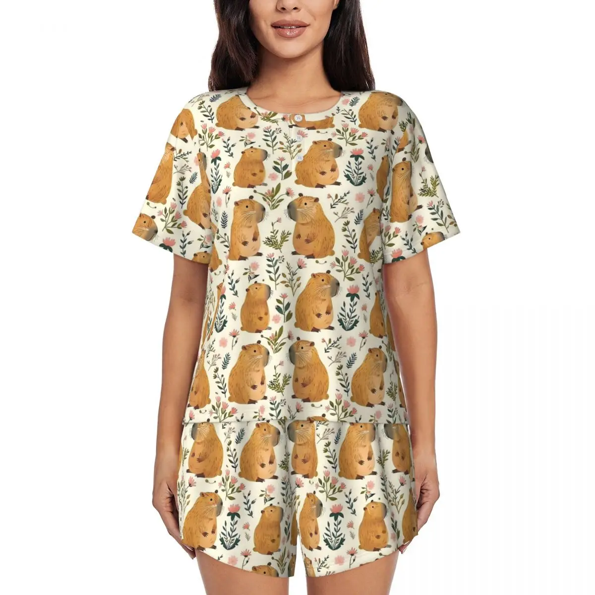 Cute Capybara Art Pajamas Animal Room O Neck Sleepwear Women 2 Piece Short Sleeve Fashion Pajamas Set
