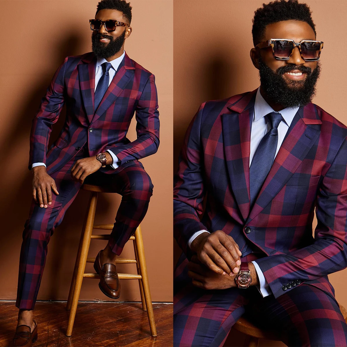 

Red Plaid Men's Suits For Wedding Groom Slim Fit Tuxedos Jackets And Pants costume homme mariage