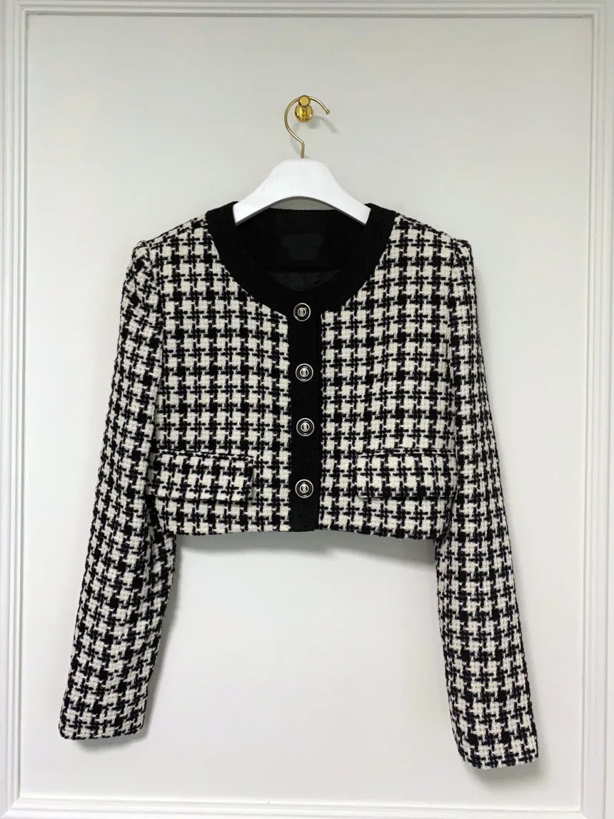 Elegant Cropped Jacket Women French Vintage Single Breasted Long Sleeve O-neck Top Autumn Y2k All-match Houndstooth Coats New