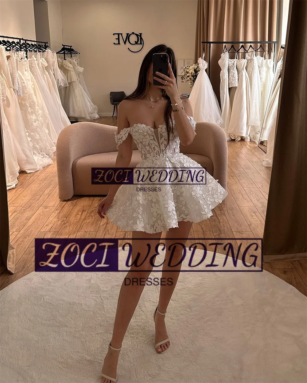 Zoci Exquisite Short Wedding Dresses 3D Lace Appliques Sweetheart Bride Dress Customized Off Shoulder Backless Wedding Gowns 2