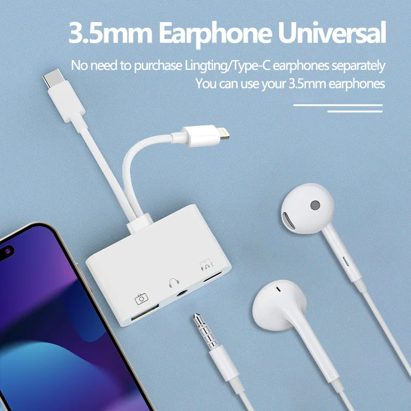 Lightning/Type C to USB 3.0 /3.5mm/Type C OTG Adapter 3.5mm Audio Jack Splitter for iPhone14/13/12/iPad Charging