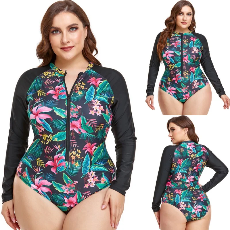 New plus Size Long Sleeve Women's Swimsuit Surfing Suit round Neck Zipper Printed Stitching One-Piece Swimsuit for Women