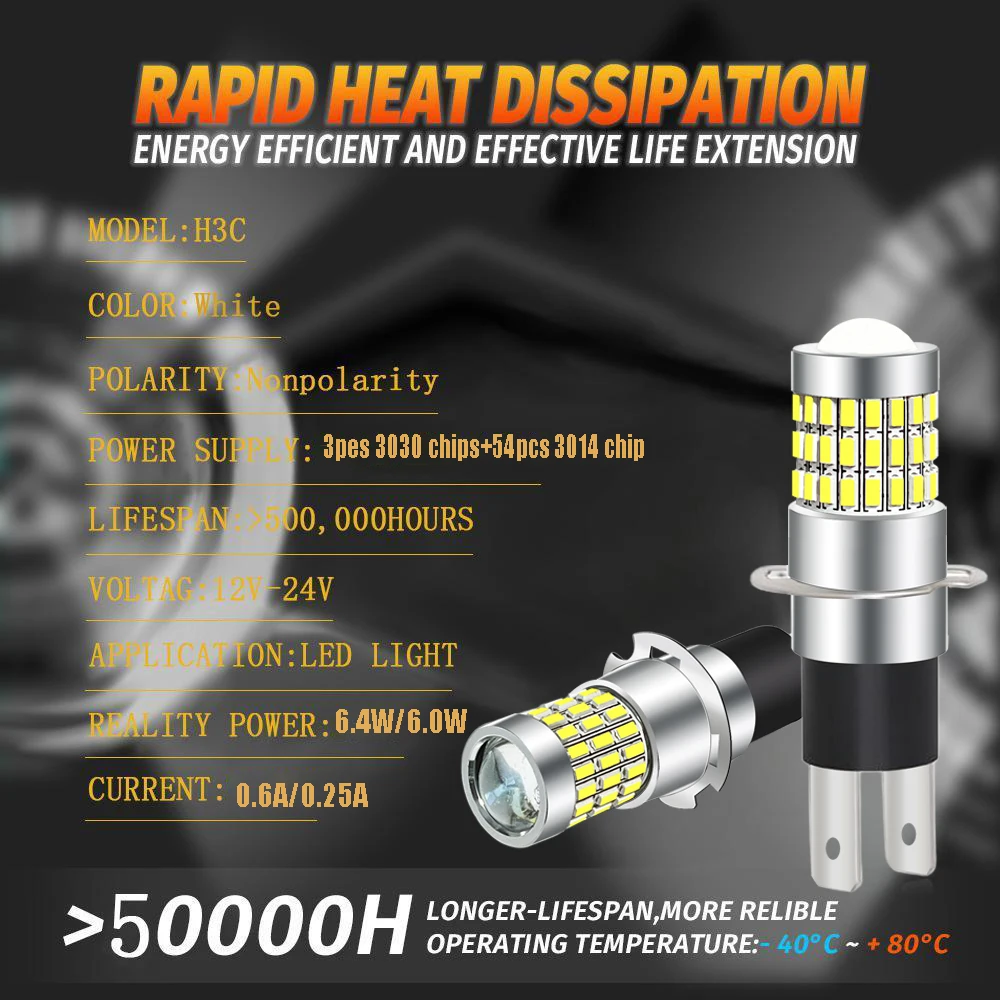2PCS H3C 전구 LED 흰색 6000k 안개 전구 자동차 보조 조명, 주간 주행등 방수 강력한 12-24V.