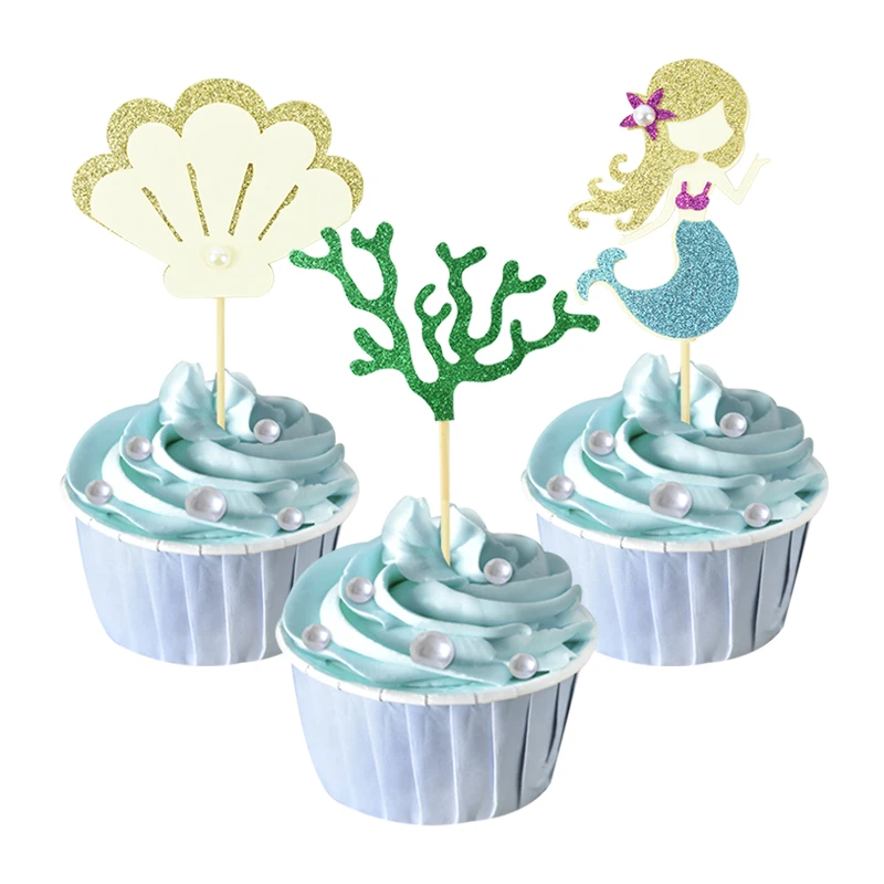 6 Pezzi Coda Di Sirena Cake Topper Sirenetta Party Sea Grass Shell The Girl Birthday Baby Shower Cupcake Dessert Decorazioni Fai Da Te