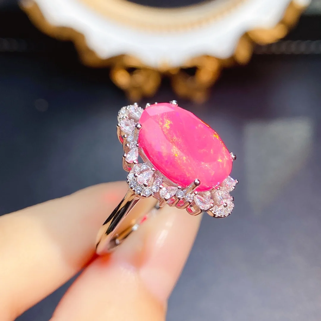 Pink Fire Opal Engagement Ring CZ Halo 925 Sterling Silver Flower Vintage Wedding Bridal Anniversary Gift