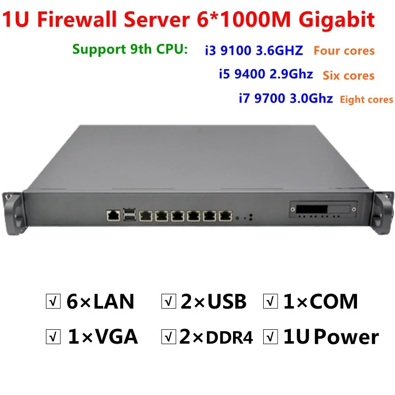 

Intel Core i3 9100 i5 9400 i7 9700 1U Rack Type Firewall Server With 6*1000M i211 Gigabit LAN Support ROS/RouterOS Etc Mini pc