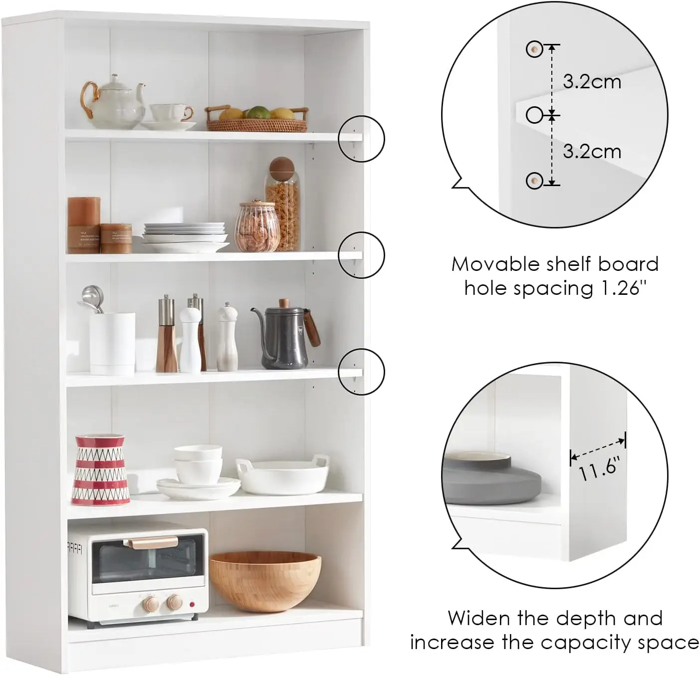White Bookshelf for Bedroom 5 Shelf Office Bookcase 60 Inches Tall Modern Wood Bookshelf 5