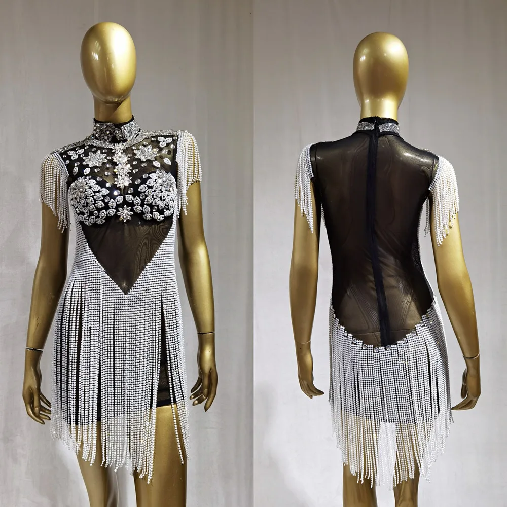 

Chains Tassel Rhinestones Mesh Dress Women Singer Stage Transparent Sexy Costume Birthday Prom Party Celebrity Fringes Dresses