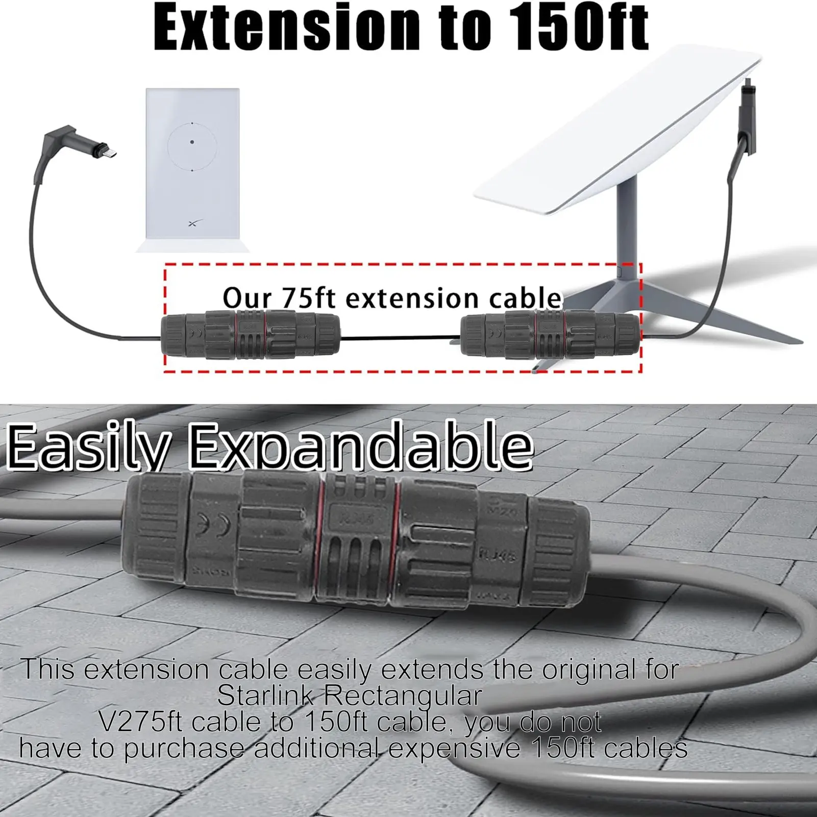 스타링크 케이블 익스텐션 수리 키트, IP68 방수, 산소 구리 교체 케이블, 150ft 연장, 75FT