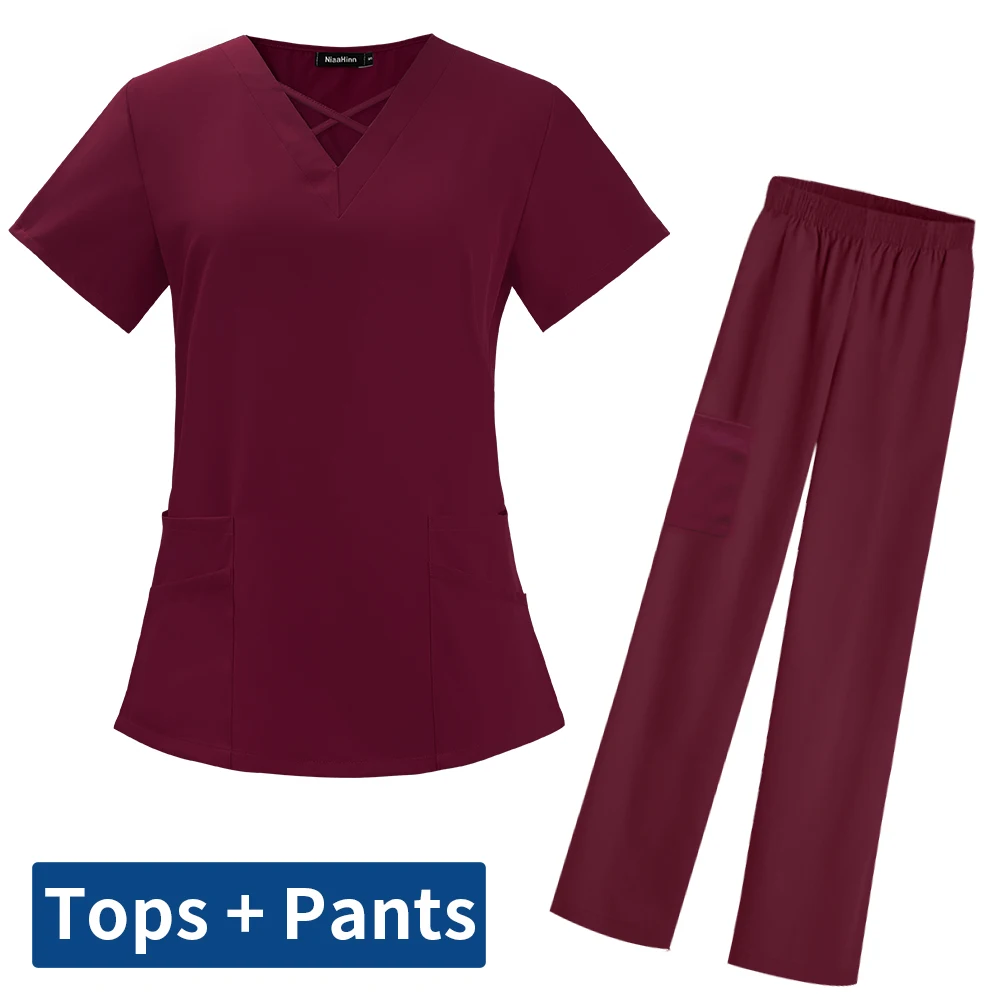 Classic V-neck Tops and Pants Scrubs Set Women Short Sleeved Nursing Uniform Pet Doctor Work Clothing Surgery Workwear
