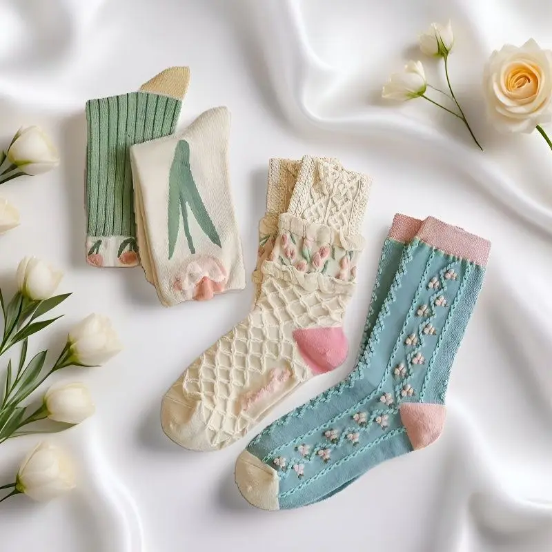 Floral Socks 4Pairs Women Cute
