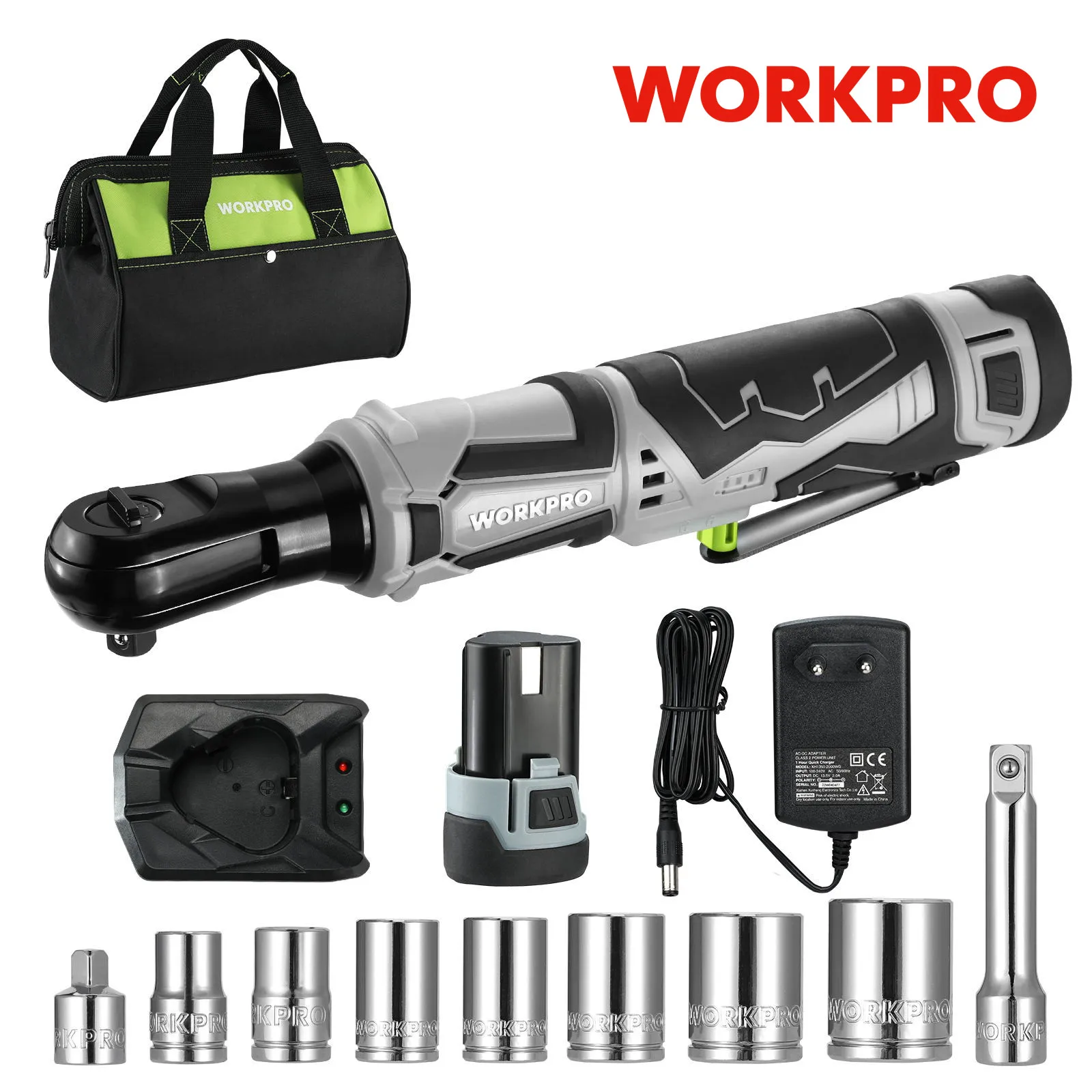 WORKPRO 55NM Cordless Electric Ratchet Wrench Set 12V 3/8" Ratchet Tool Kit With 1/2 Packs