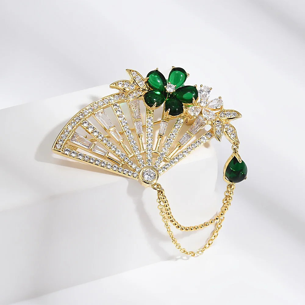 Vintage Fan Brooches for Women Green Crystal Flower Tassel Lapel Pins Women's Dress Accessories Jewelry Birthday Holiday Gifts