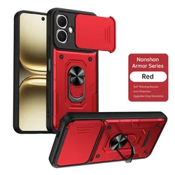 Shockproof Armor Phone Case with Slide Camera Protection and 360° Ring Holder Cover for Infinix  Hot 60 5G (Red)