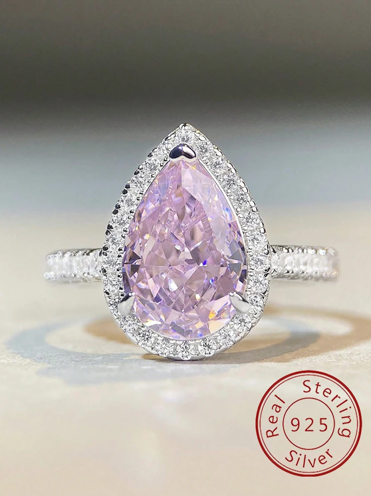925er Sterlingsilber, wunderschöner rosafarbener Zirkon-Wassertropfen-Ring für Frauen, Verlobung, Hochzeit, luxuriös, hochwertiger edler Schmuck