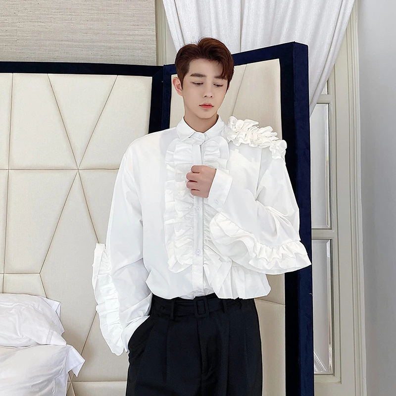 Vintage Palace White Ruffle Men Shirt Long Sleeve Tuxedo Shirt Party Club Evening Punk Gothic Formal Spring Autumn Blouses