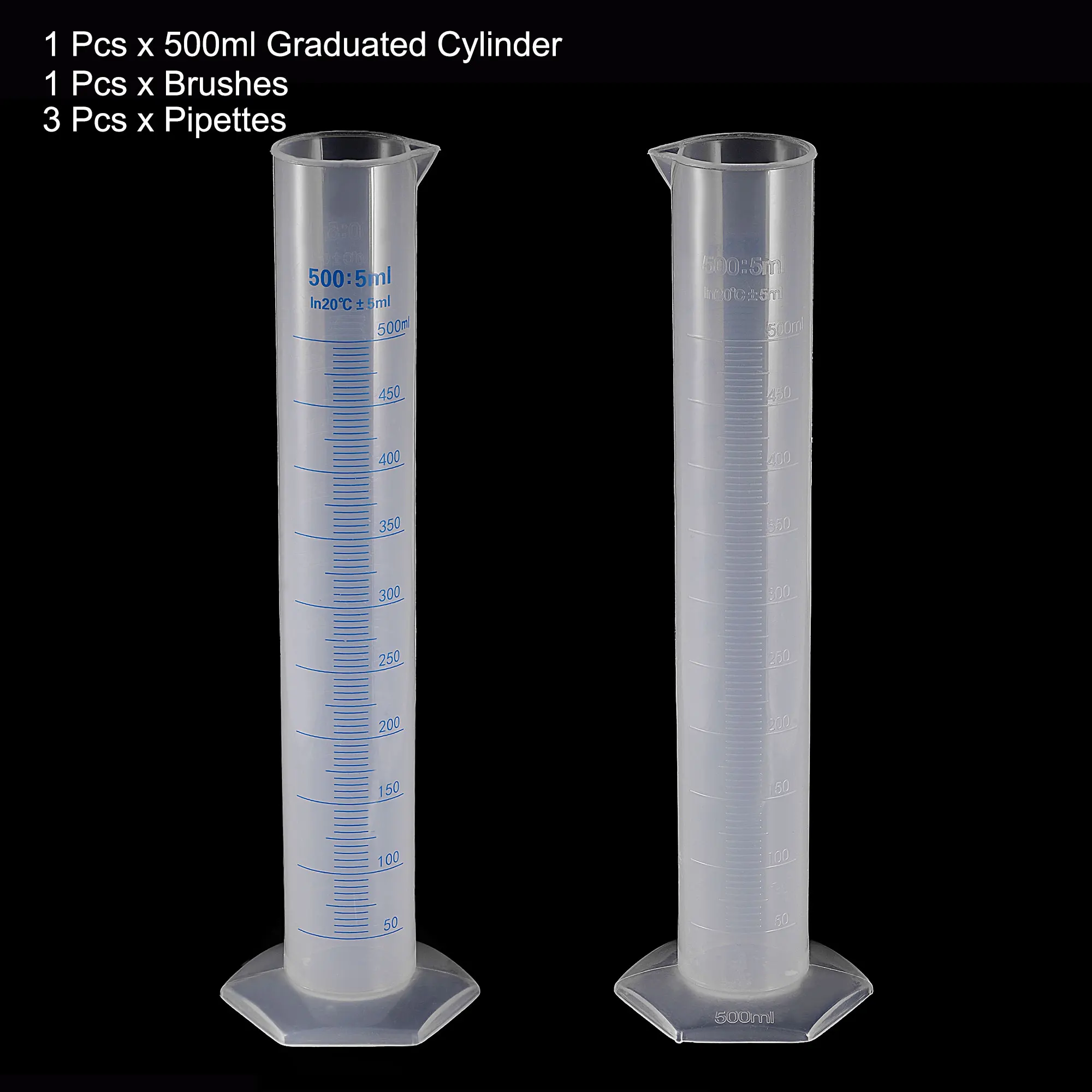 Plastic Graduated Cylinder 500ml Measuring Cylinder with 3 Transfer Pipette and 1 Brush 5in1 Set Measuring Tools for Science Lab