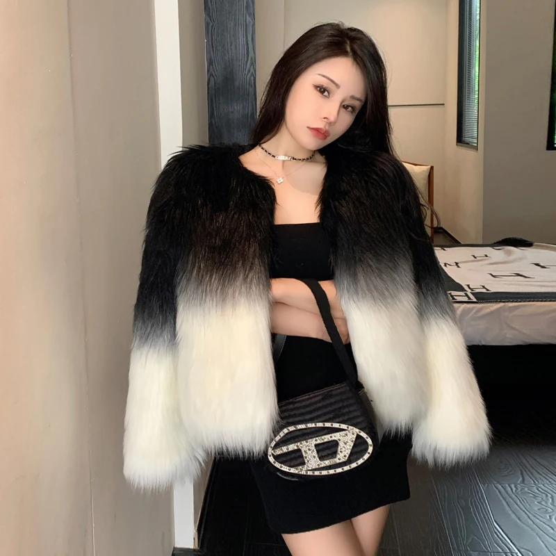 가을 점차적인 색상 인조 여우 모피 여성 코트, 시크 패션, 겨울 모피 가디건, 플리스 탑 재킷 코트, 파티 클럽 복장 2023