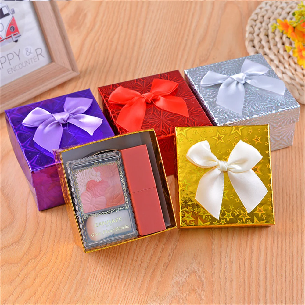 Square Jewelry Case For Ring Earrings Necklace Bracelet Shiny Pattern Box Shape Bow Paper Boxes Engagement Gift Wedding Supplies