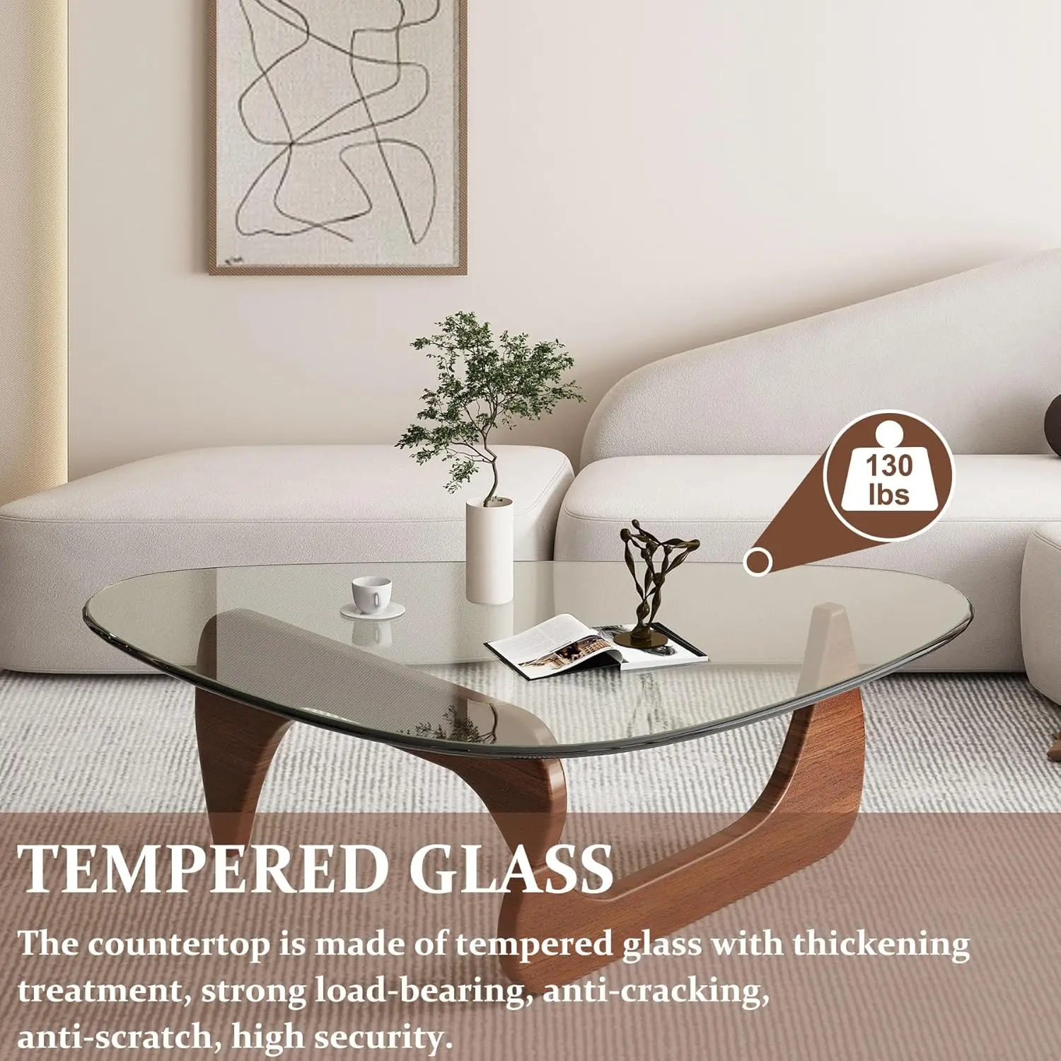 Coffee Tables for Living Room-Triangle Glass Coffee Table with Wooden Base Mid-Century Modern Abstract End Table