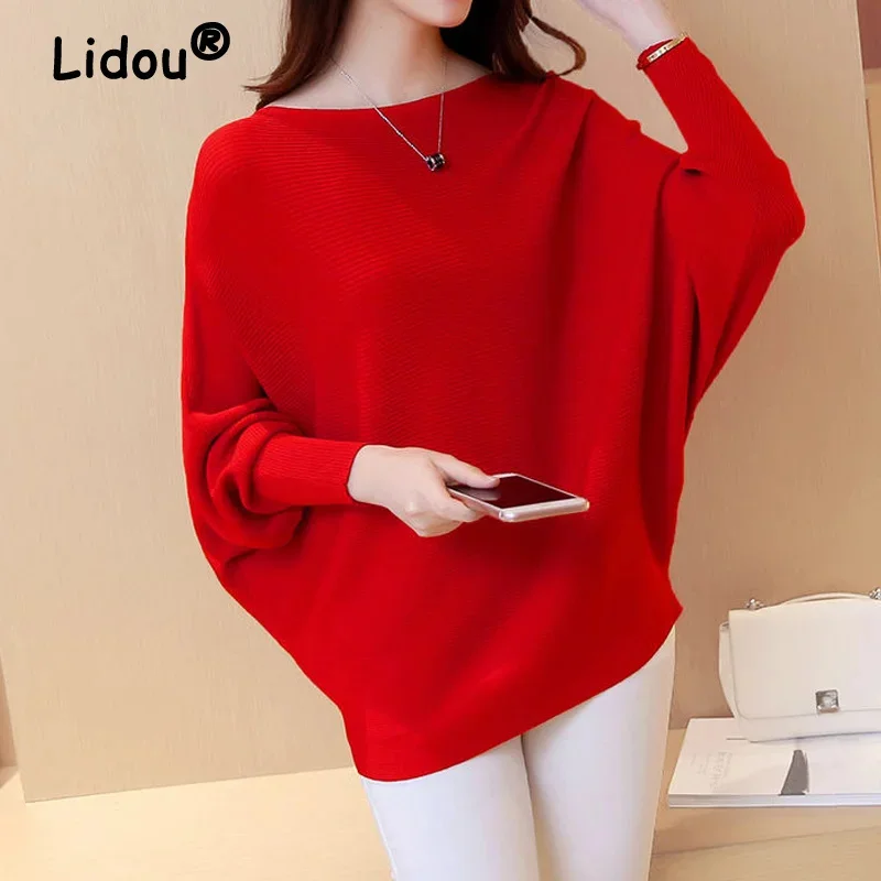 

Pullovers Elegant Casual Long Batwing Sleeve Slash Neck Loose Knitted Solid Tops Spring Autumn 2022 New Women's Sweater