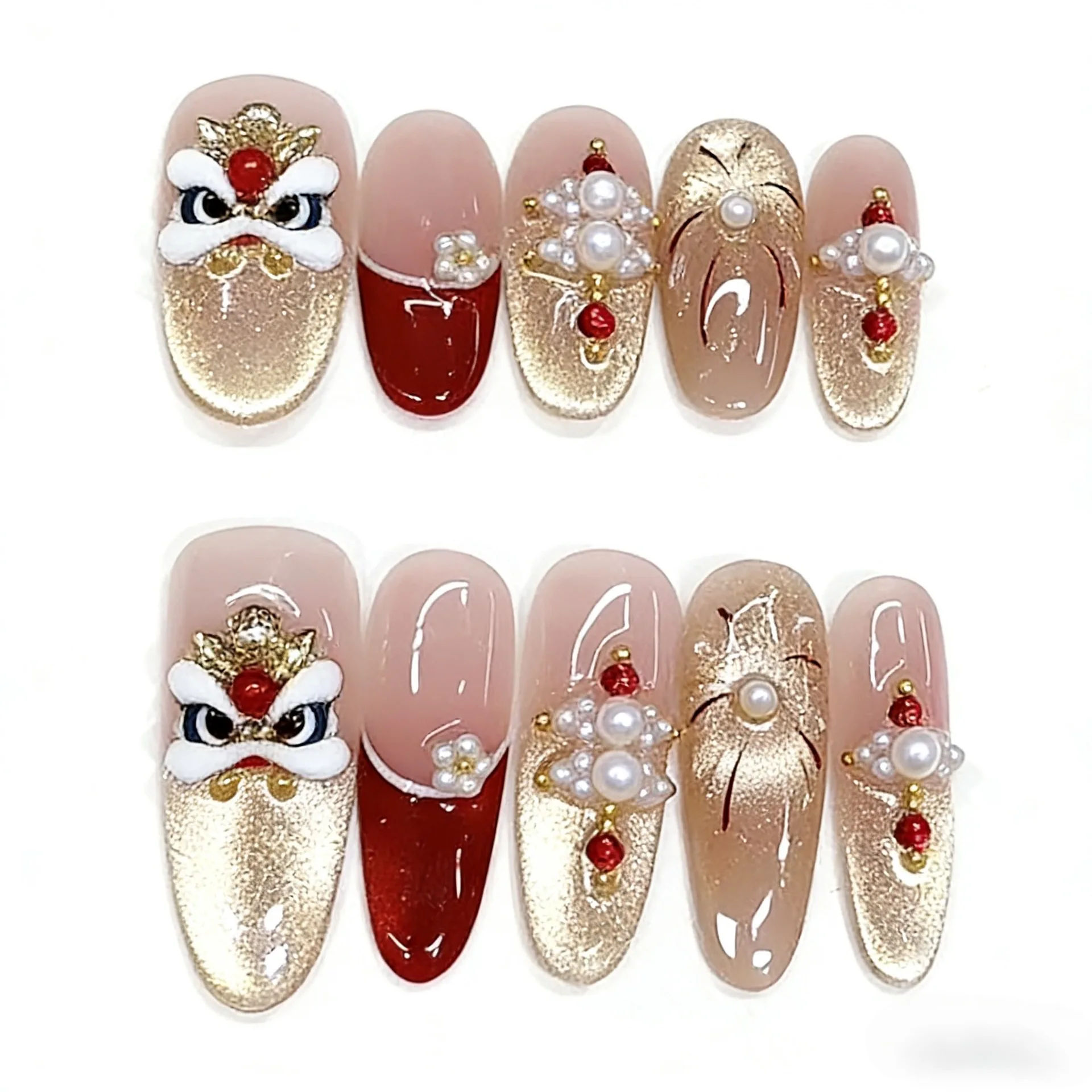 사자춤 무늬 프레스온 네일 레드 골드 펄 장식 인조 손톱 풀커버 여성용 중국 설날 네일
