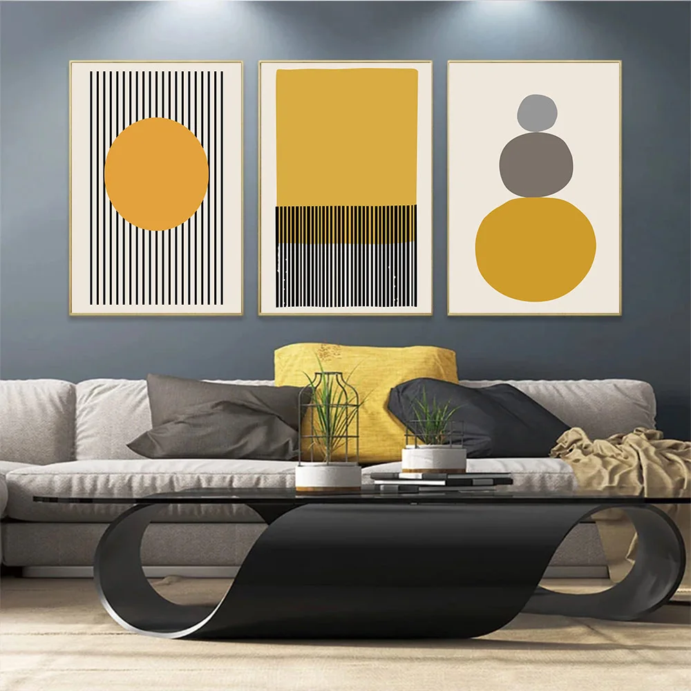 Gray And Black Lines Stripes Yellow Wall Art Canvas Minimalist Posters