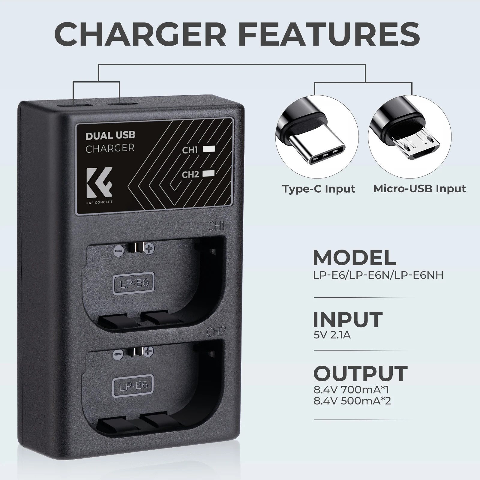 K&F Concept LP-E6/LP-E6N/LP-E6NH Battery Charger Dual Slot Quick Charger for Canon EOS R5 EOS R6 EOS R EOS 5D Mark IV 5D Cameras 5