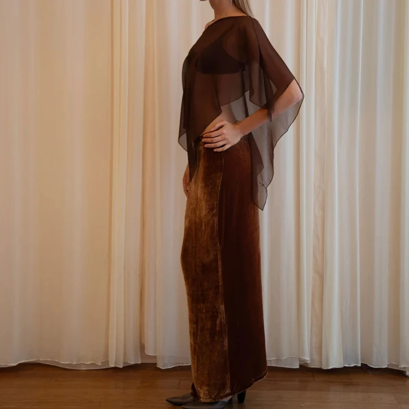 Women's Chiffon Poncho Top Y2k Flowy One Shoulder Sheer See Thru Shawl Tops Asymmetrical Hem Mesh Cape Cover Ups Wedding Party 5