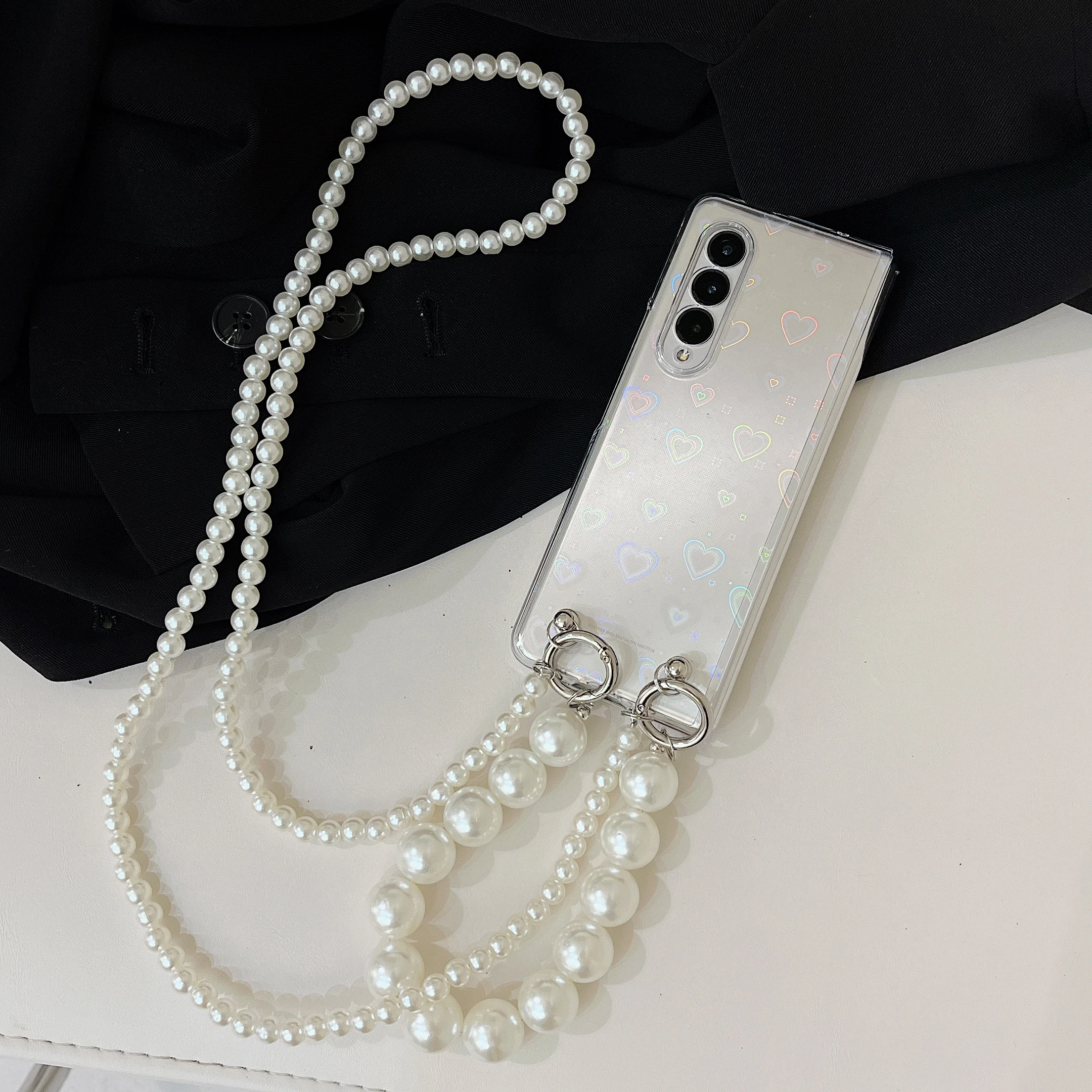 Pearl Bracelet Hand Chain Phone Case For Samsung Galaxy Z Fold 3 Stand Clear Shockproof Z Fold3 Cover