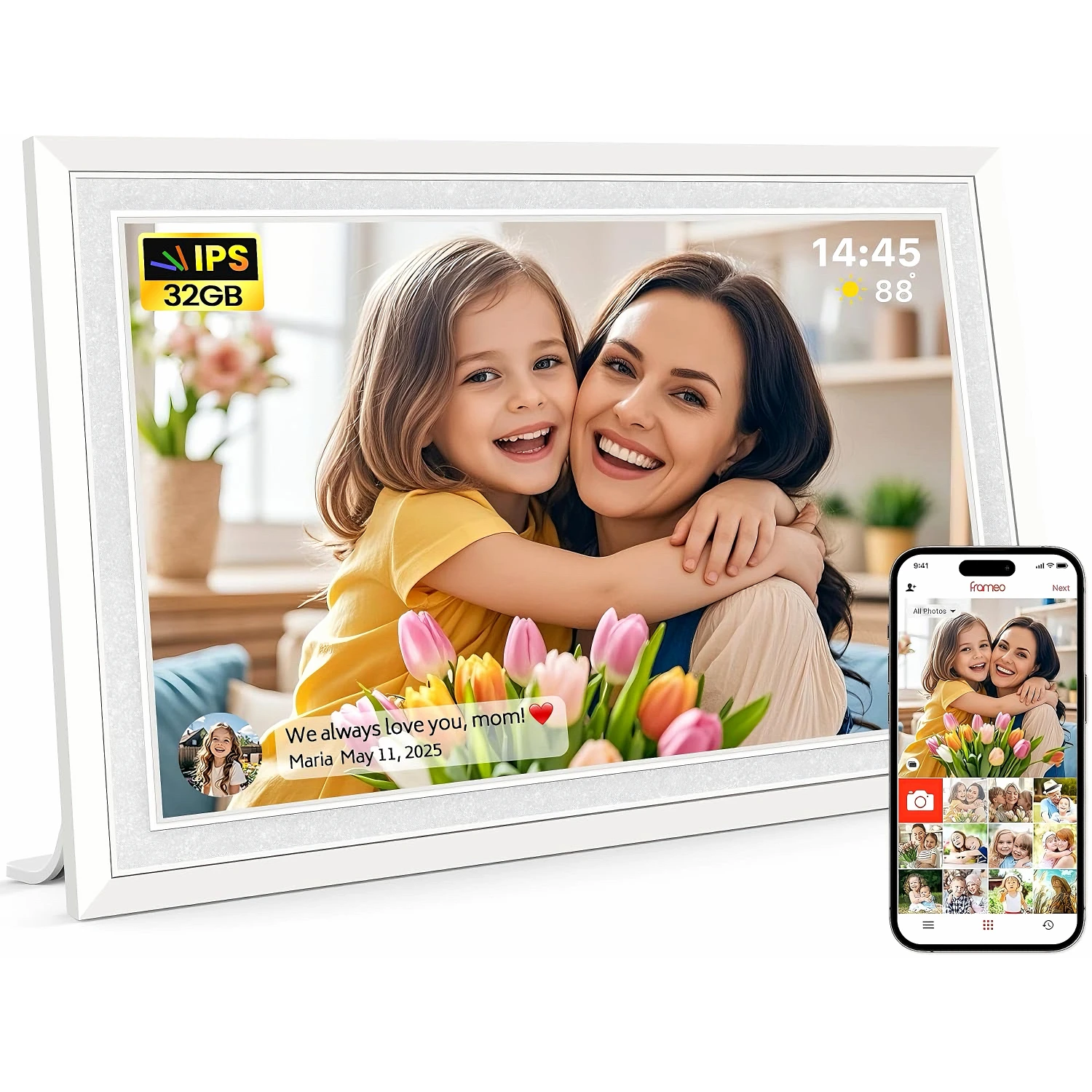 10.1인치 디지털 액자, 1280x800 HD IPS 터치스크린 32GB 메모리 자동 회전 벽걸이형 스마트 WiFi 디지털 사진 프레임