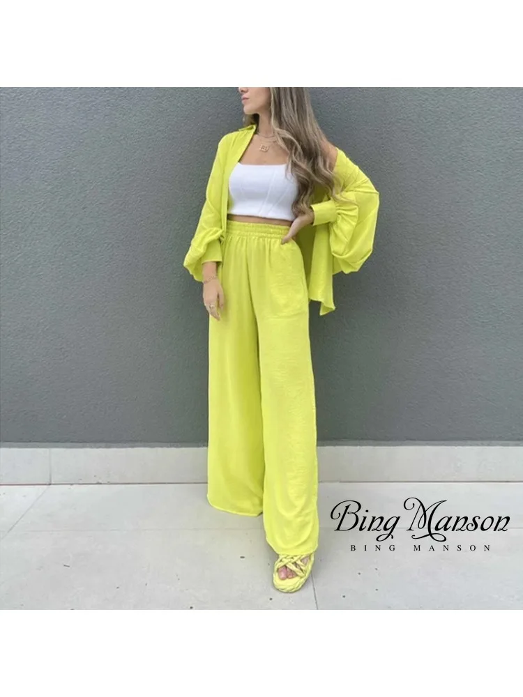 

Autumn Women's New Fashion Casual Set Temperament Solid Color Street Single Breasted Lantern Sleeve Shirt+Pants Two Piece Set