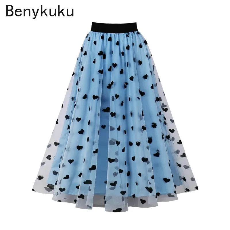 

Многослойная Милая плиссированная юбка в виде сердца, Женская юбка с эластичным поясом, корейская мода, повседневная Тюлевая юбка средней длины, 2024