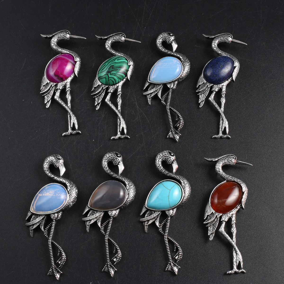

5 PCS Delicate Alloy Pendant Flamingo Shaped Brooch Inlaid with Natural Semi Precious Stones Charm Jewelry Accessories DIY Gift