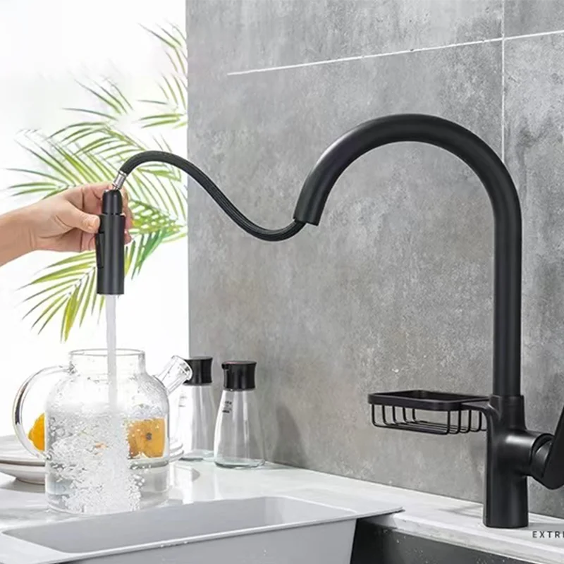 Contemporary Design Kitchen Accessories Hot and Cold Water Mixing Sink Faucet with Storage Basket Kitchen Pull-out Washbasin Tap